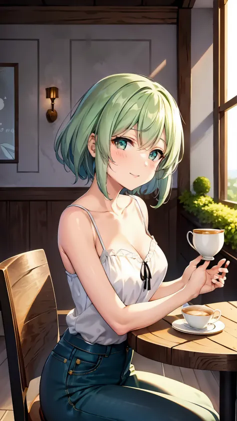 Shoulder-length green hair, Small size breasts, Small breasts、Green Eyes, 、(((Ladylike))),The whole body from head to toe、Jeans and feminine clothes、、Chuckle、((Sit facing the viewer across the table))、Cafe date、Afternoon tea、町にあるStylishなカフェ、Chatting and dr...