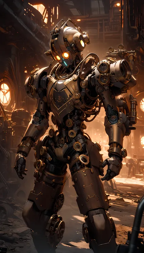 A photo of a soldier with steampunk armor and cybernetic enhancements. The armor is made of gears, cogs, and brass elements, and is fused with futuristic cybernetic parts that glow with a soft, eerie light. The soldier is in a gritty, industrial setting wi...