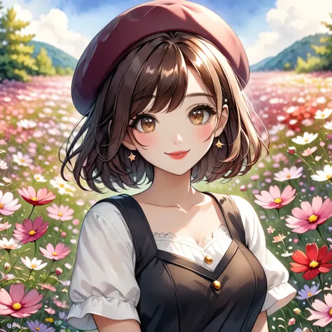 masterpiece, Highest quality, detailed, beautifully rendered, beautiful, watercolor, watercolor, Grayish tone color、Dark Tone Color、young woman, Smiling Kindly、Surrounded by cosmos flower fields, Upper Body, Cute smile, burgundy beret, Bob Hair、Brown、beaut...