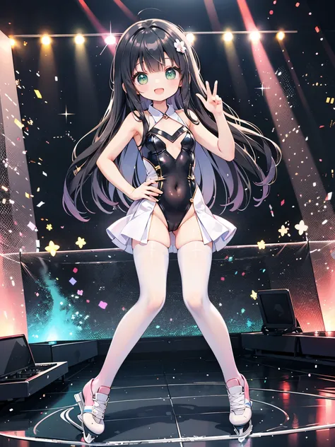 ((Highest quality, 8k, masterpiece: 1.3)),people間の女の子,１people,Petite,Glamorous Body,Curvy,cute,１００年に1peopleの逸材,A big smile,Open your mouth,((Black Hair)),Long Hair,Beautiful emerald green eyes,Stand in front,((Light pink figure skating costume,leotard,skir...