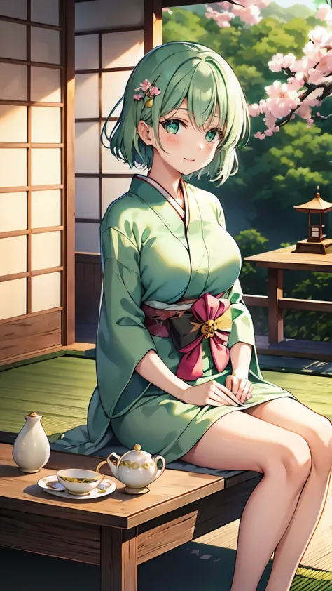 Short green hair, Small breasts, Green Eyes, White Casual Beauty Special、(((tits))),Full body photo from head to toe、Kimono、Patterned Japanese clothing、Cherry tree in full bloom、Fluttering petals、Tea Ceremony、Graceful Manners、Tea party、Chatting in a Japane...