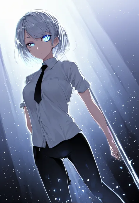 Short hair, straight hair, not tied up, silver hair, heterochromatic eyes, left eye color: red, right eye color: blue, expressionless, tight fitting white shirt, black tie, early 20s, cute girl, medium breast size, humanoid android with artificial intellig...