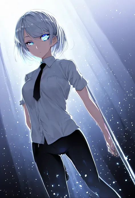 Short hair, straight hair, not tied up, silver hair, heterochromatic eyes, left eye color: red, right eye color: blue, expressionless, tight fitting white shirt, black tie, early 20s, cute girl, medium breast size, humanoid android with artificial intellig...