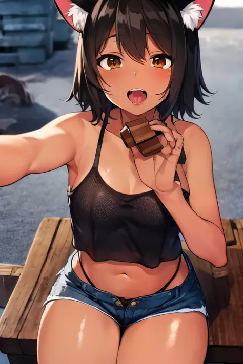 ((masterpiece)), (anime:1.3), ((Highest quality)), (RAW Photos:1.2), (Professional photography:1.3), (High resolution), 8k, Cinema Lighting, Disheveled Hair, (Exposed small breasts), denim shorts:1.3,(Shiny pure black hair:1.6),（Very short hair with outwar...