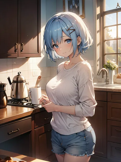 ((masterpiece))、((Highest quality))、photograph、reality、High resolution、Very detailed、Married women、30-year-old woman、Delicate features、Light blue short hair、Realistic background and accessories、Sexy smile、kitchen、Drinking coffee、expensive、A sexy red sweate...