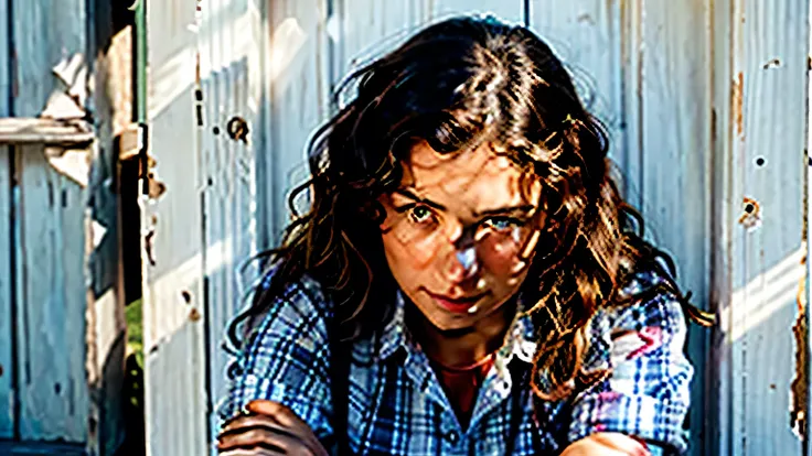 An image of a woman with fair skin and natural, wavy hair styled in soft curls around her face. She has defined eyebrows and light-colored eyes that draw attention. Shes dressed in a red and navy plaid shirt with the top unbuttoned to show a white undershi...