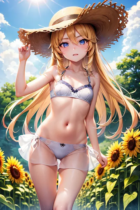 masterpiece,Highest quality,Very detailed,beautiful girl, teenager,Straw hat,A field of sunflowers,,Small breasts,Narrow waist,Straight blonde hair,Perfect Blue Eyes,very cute,Active pose