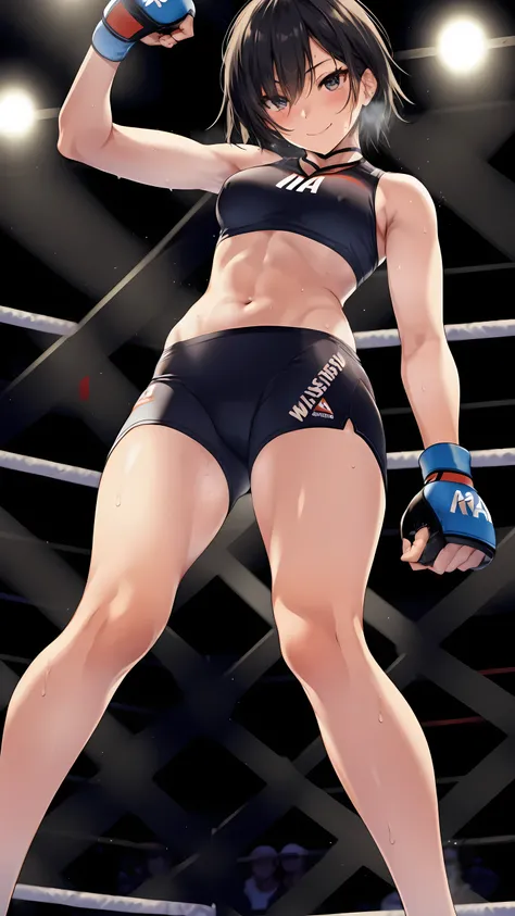 nanasaki, nanasaki ai, ai nanasaki, Dynamic Angle, Detailed eyes,(wearing sports wear:1.5, bare thigh), Her slim legs are really cute.,Very beautiful long legs, Perfect body,(Independent),(on MMA Arena :1.5), naughty smile, Toned stomach,Ultra HD,Detailed ...