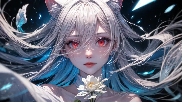  detailed beautiful face and eyes, rouge at the outer corner of the eye, lipstick, 1girl, 独奏, alone, white cat ears,, long hair, blue sapphire eyes, walking through, ,looking at viewer, full clothed, masterpiece, best quality, ultra detailed, (long exposur...