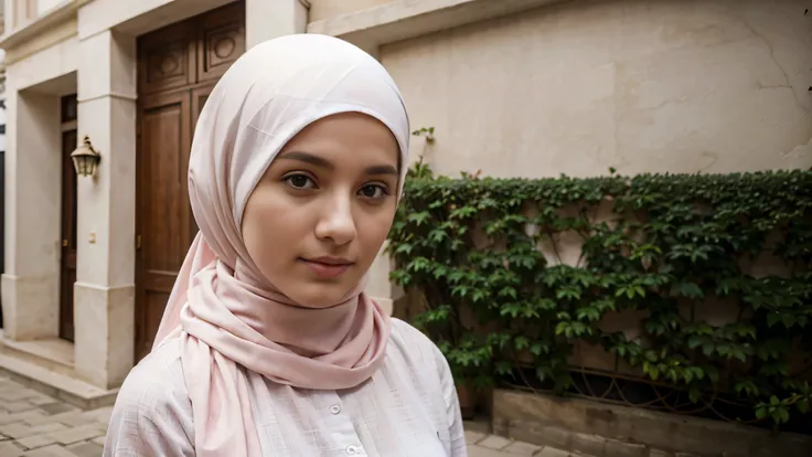 A white-skinned Muslim woman in a hijab with a pink plain headscarf on her head poses for the camera on a beautiful luxury street