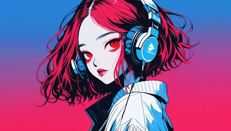 illustrator, アニメ , realistic ,sketch , 1 girl, ,lip, sweater,Order, Blue gradient background, neon hair,Textured trim, Canadian, (masterpiece,Best quality) ganyou, Otherworld fantasy character ,dj, dj booth, dancing to music, nightclub, (Red eyes with a st...