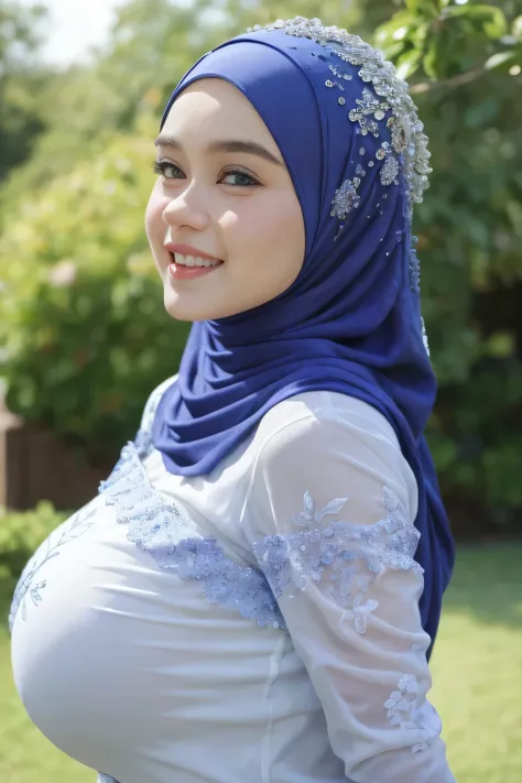 (Strapless dress), Chubby adorable, 1 girl, (face to face), , baby face, happy, half body portrait, (face details: 1), (eye details: 1), ((big breasts)). wearing transparent transparency soft soft long shirt, hijab, .. Cute posed. proportional body. Ultra ...