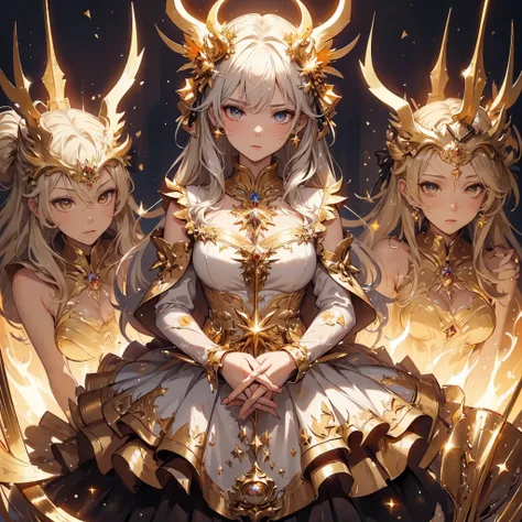 ((masterpiece, Highest quality)), Detailed face, Character design sheet, Full of details, Various poses and expressions, Very detailed, depth, Many parts，Beautiful maid，Equipped with a bow and arrow，Golden，Double Ponytail，Fantasy Style，Surrounded by flames...