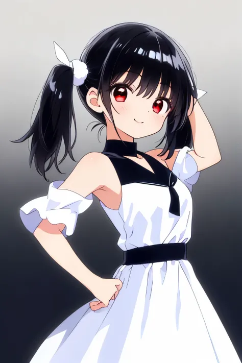 A girl wearing a onely white long summer dress,
(Shiny jet-black hair:1.3),Low twintails tied with a white   rubber,
(White summer dress:1.3),
(Puff out your cheeks:1.2),
Red eyes,(Slanted Eyes:1.1),Wink with right eye closed,
Proud face,A smile on the lip...