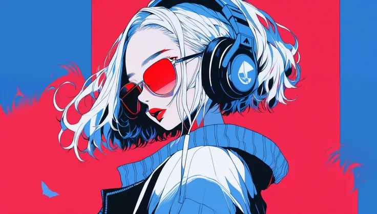 illustrator, アニメ , realistic ,sketch , 1 girl, ,lip, sweater,Order, Blue gradient background, neon hair,Textured trim, Canadian, (masterpiece,Best quality) ganyou, Otherworld fantasy character ,dj, dj booth, dancing to music, nightclub, (Red eyes with a st...