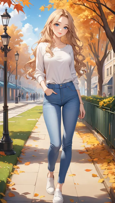 ((best quality, masterpiece:1.3, 8K)), (detailed), highly detailed face and skin texture, detailed eyes, full body, outdoor, daytime, autumn, (slender body:1.1), 1girl, (solo), white skin, bright lips, seductive smile, (forehead:1.0), long hair, wavy hair,...