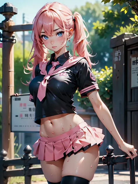 (Anime-style face), (((Black and pink high school girl short sleeve uniform,Navel exposed))), ((Black and pink miniskirt)), ((小麦色のskin)) ,1 female, masterpiece, Highest quality, Highest quality, 16K, Very detailed, 2.5D, AI-generated, delicate and dynamic,...