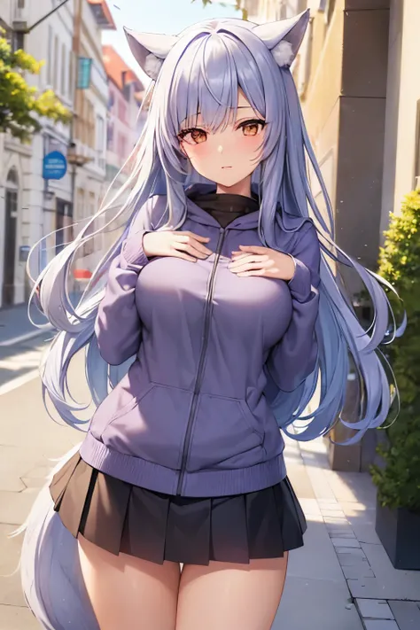 ((Highest quality)), ((Accurate fingers and hands)), ((masterpiece)), (detailed), One girl, Ice lavender hair,Wolf ears and tail, Brown Eyes, long hair, Around town, Navy blue hoodie, skirt, nsfw, (show off breasts)