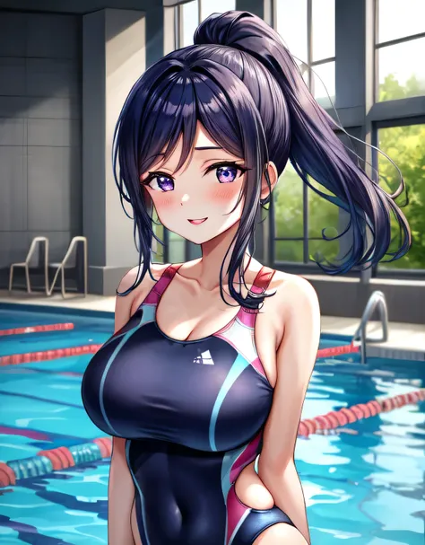 kanan matsuura,blue hair,long hair,ponytail,(purple eyes:1.1),sidelocks,(extremely shiny Competition swimsuit:1.2),(gorgeous indoor pool),lips,erotic lips,blush,seductive,alluing,Gentle smile,shiny skin,(large breasts:1.55),(shiny,hair),((solo)),((masterpi...