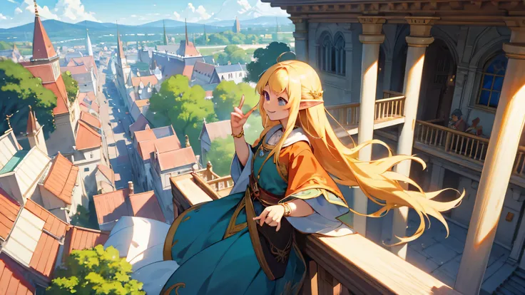 Anime Style,A detailed background with many people,Magical World,People on the balcony,Smiling Bard Elf