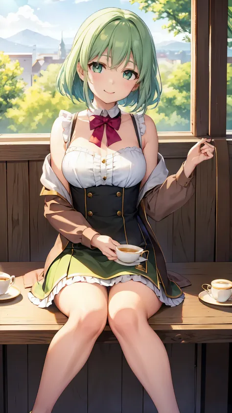 Shoulder-length green hair, Small size breasts, Small breasts、Green Eyes, 、(((Ladylike))),The whole body from head to toe、Feminine clothing、Outerwear、Frilled Skirt、Chuckle、((Sit across the table from the viewer))、Cafe date、Afternoon tea、町にあるStylishなカフェ、Cha...