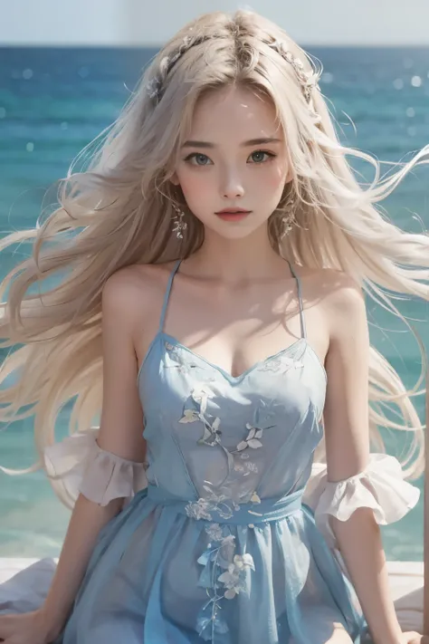 There's a girl coming out of the sea, Swan princess in Russian mythology, Beautiful and calm face, blue eyes, Long blonde hair braided in pigtails, Sweet is woven into the hair at the back of the head., White old Russian bright clothes, On his head is ...