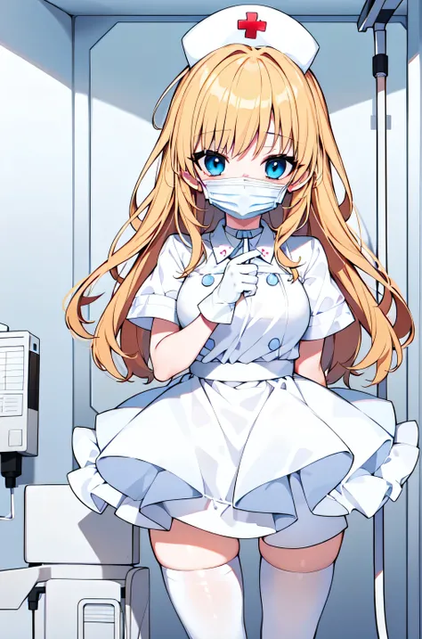 1woman, solo, nurse, white nurse cap, white nurse uniform, ((white legwear, zettai ryouiki)), white gloves, blonde hair, blue eyes, ((white surgical mask, covered nose)), standing, ((hospital room)), sharp outline, short sleeves, mature female, 35yo, best ...