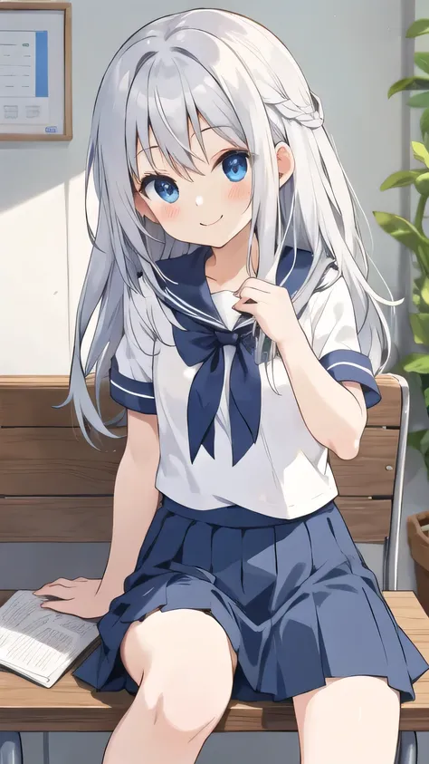 cute girl, anime, silver hair, straight hair, Blue eyes, (young:1.1), (small bust:0.6), (cute:1.3), (middle bust:0.9), cute, (cute:1.2), (sulk:0.6), Smail, (shy:1.0), cowboy shot, cute, side shot, (shy:1.0), dark blue skirt, standing, short sleeve, (spread...