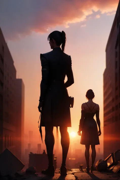 2 women, 2 men,A total of 4 people,Backlight,silhouette,sunset,Ruined City,Standing on the rubble