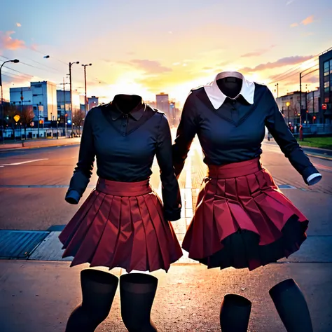 long sleeve shirt,black shirt,red skirt,pleated skirt,black thighhighs, chubby, fat, (invisible:1.5, no humans:1.5, headless:1.5...