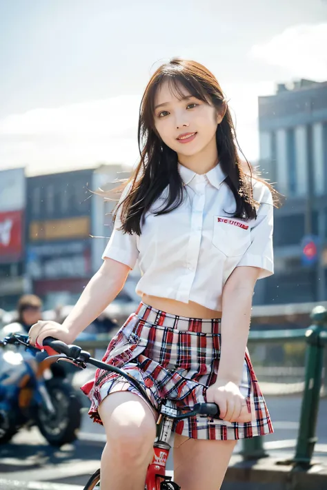 (8k、RAW Photos、Highest quality、masterpiece:1.3)、(Realistic、Realistic)、(Very large breasts:1.2)、smile、Looking into the camera、Perfect limbs、Outdoor、(Shibuya cityscape:1.4)、stylish、School uniforms、mini skirt、Pedalling a bicycle、((The skirt flutters in the wi...