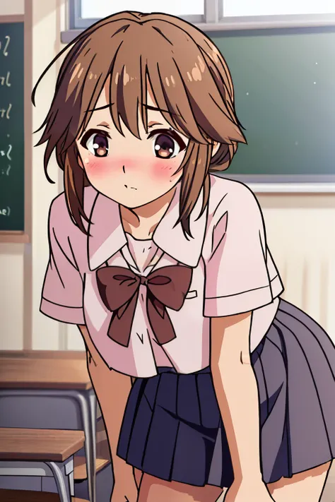 ultra-detailed,masterpiece,best quality,jcf, 1girl,brown hair,large bow,blush,leaning forward,classroom,blackboard,desk,window,shirt,skirt,