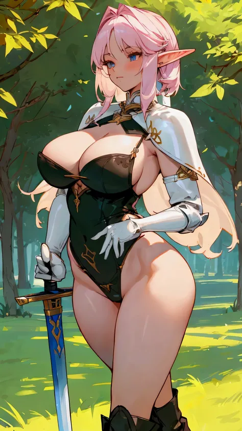 Beautiful elf with a well-formed body(big breasts and wide hips with very large buttocks ) Clothing black boots up to the thigh and white gloves on her hands with a sword or saber in her hand the girl&#39;s lingerie is pink and leaves to the imagination he...