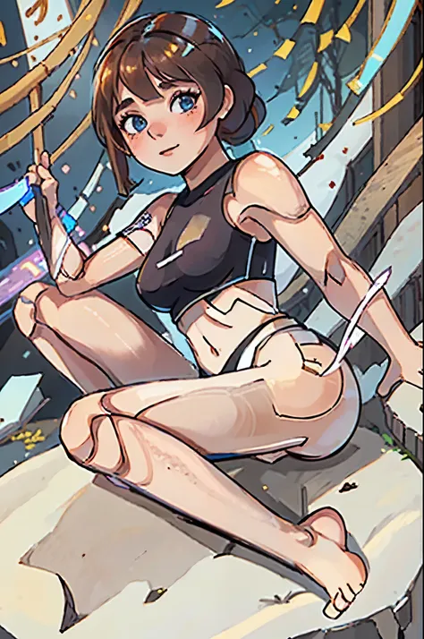 android, brown hair, She arches her back, frontal face. android with blue eyes. Her short brown pigtails are very short and tied with two big red clothespins, joint seam, black eyes, full body figure, Height: 160cm, She wears nothing without micro mini pan...