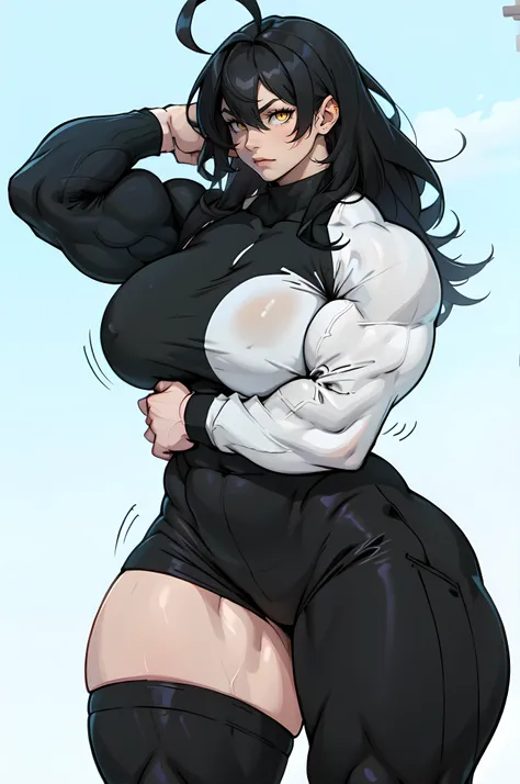 girl ((((muscular 1girl HUGE BREASTS)))) ((((thick thighs toned body)))) (pale skin) black hair very long hair long sleeve tight t-shirt tight pants (ahoge straight hair)