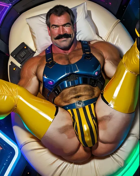 full body portrait, strong burly hairy mature older man(space captain), wearing futuristic captains uniform insignia (neon and black) (open and revealing) (latex) , gray hair, broad shoulders, round belly, thick feet, bulging micro thong, barefoot, scifi s...