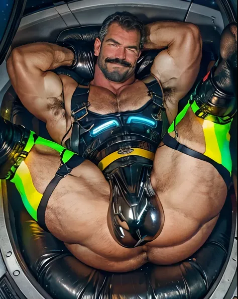 full body portrait, strong burly hairy mature older man(space captain), wearing futuristic captains uniform insignia (neon and black) (open and revealing) (latex) , gray hair, broad shoulders, round belly, thick feet, bulging micro thong, barefoot, scifi s...