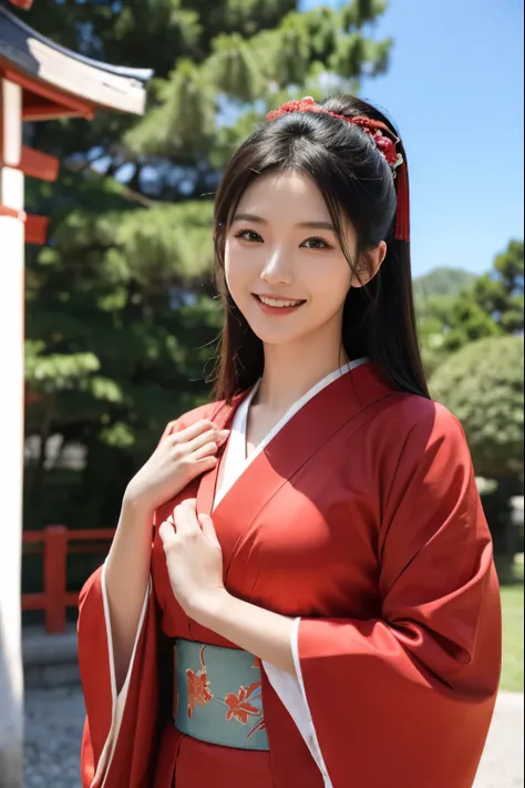 Beautiful Japanese woman dancing in red kimono. Japanese theme, written in bright colors. In the background is a square with trees. She looks happy with the top of her head smiling at the camera. She has long hair. Her hands are raised to the sky, fingers ...