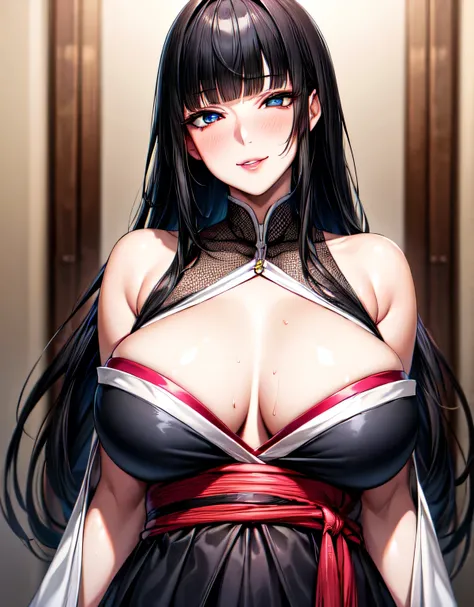 (large breasts:1.55),(shiny,hair),((solo)),((masterpiece)),((best quality)),perfect anatomy,slim waist,perfect image,8k UHD,(beautiful detailed eyes:1.5),extremely detailed face,standing,(upper body:1.25),(look at the front:1.5),arms behindback,ultra-detai...