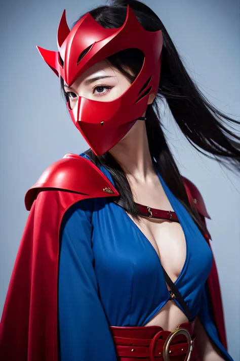 Beautiful female swordsman in a red mask and blue costume　A red mask hides the upper half of one&#39;s face