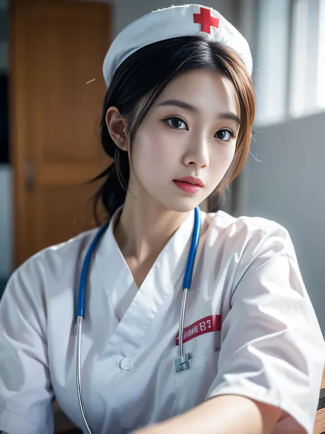 a beautiful young japanese female nurse, white nurse uniform, nurse cap, in hospital, extremely detailed face and eyes, longeyel...