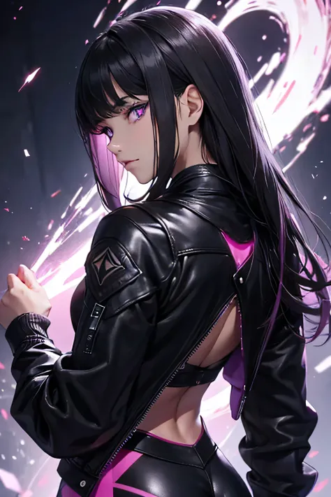 looking back,Yuri Khan,standing with his back to the viewer,handsome young warrior , with a very detailed and beautiful face, beautiful eyes, beautiful eyes, Gorgeous face, glowing purple eyes,beautiful young woman wearing long black leggings with black de...