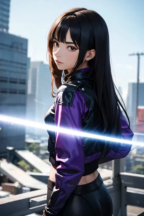 looking back,Yuri Khan,standing with his back to the viewer,handsome young warrior , with a very detailed and beautiful face, beautiful eyes, beautiful eyes, Gorgeous face, glowing purple eyes,beautiful young woman wearing long black leggings with black de...
