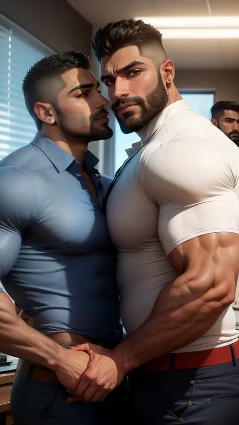 Indian latino gay couple doing mouth to mouth kissing in office, muscular men, muscular attractive men, male art, gigachad muscular, muscular! fantasy, gay, bodybuilder body, bodybuilder, muscular body, big muscle, ,Realistic, ((Masterpiece)), ((Best quali...