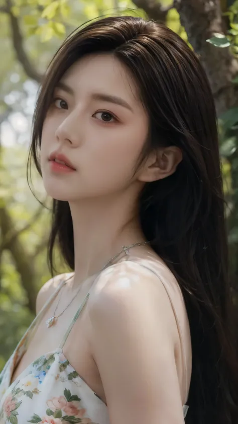 masterpiece, best quality, ultra-realistic, a close-up portrait of a woman with long, dark hair, softly illuminated by (sunlight filtering:1.1) through trees in a dense forest. She wears a floral-patterned dress and a delicate necklace. The warm light crea...