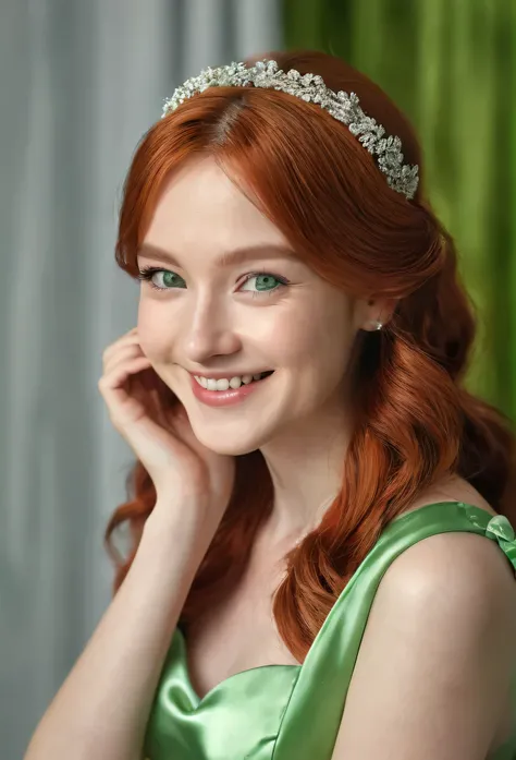 a beautiful young American woman with long red hair, shiny light green satin dress, hairband, necklace, smiles at the camera, Wait for it, to be kissed, happy smiling facial expression, perfect green eyes, extremely detailed skin, Trained body, 5 fingers, ...