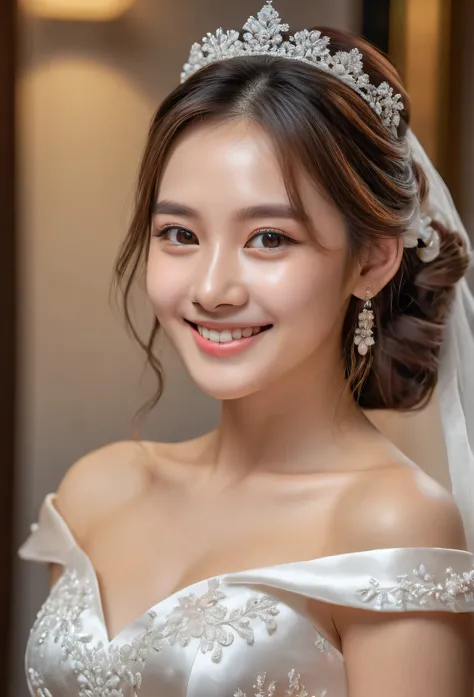 a beautiful young bride with long brown hair, shiny satin wedding dress , hairband, necklace, smiles at the camera, Wait for it, to be kissed, happy smiling facial expression, perfect brown eyes, extremely detailed skin, Trained body, 5 fingers, (best qual...