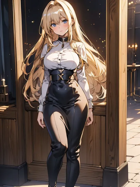 ((masterpiece)), ((Highest quality)), ((High resolution)), ((Highly detailed CG synthesis 8k wallpaper)), young teen woman with blonde hair, blue eyes, fullbody view, royalty, long hair, big breasts, blushing