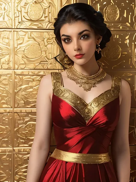 arafed woman in a red dress standing in front of a gold wall, a photo by Galen Dara, cg society contest winner, arabesque, red and gold ornate dress, wearing a steampunk sari, orientalisme, haute couture fashion shoot, ornate dark red opulent clothing, gor...