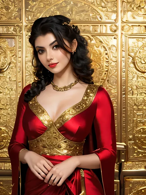 arafed woman in a red dress standing in front of a gold wall, a photo by Galen Dara, cg society contest winner, arabesque, red and gold ornate dress, wearing a steampunk sari, orientalisme, haute couture fashion shoot, ornate dark red opulent clothing, gor...